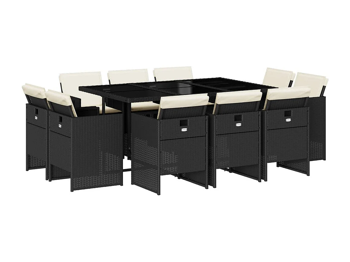 11 pcs conjunto de jantar p/ jardim c/ almofadões vime PE preto