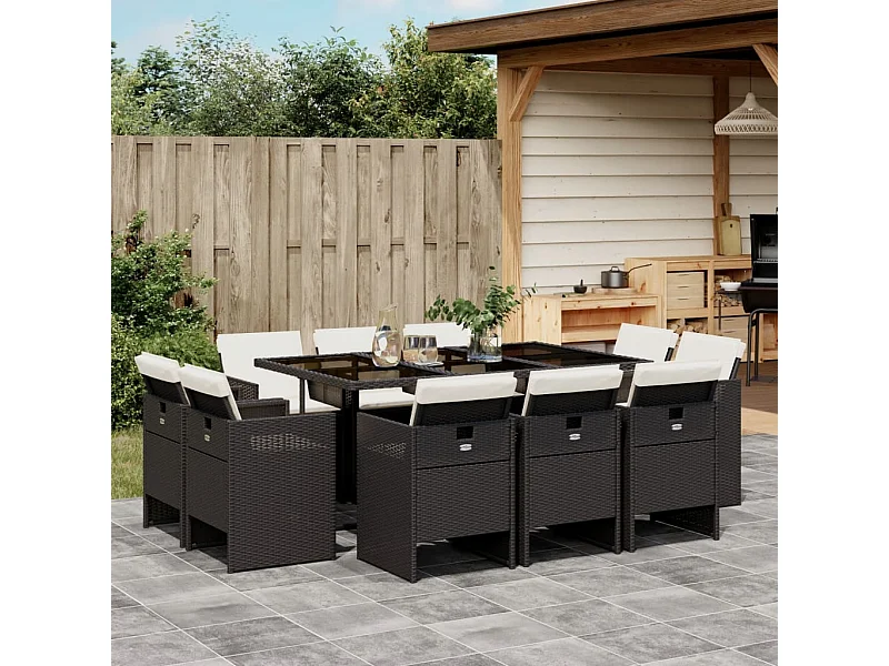 11 pcs conjunto de jantar p/ jardim c/ almofadões vime PE preto
