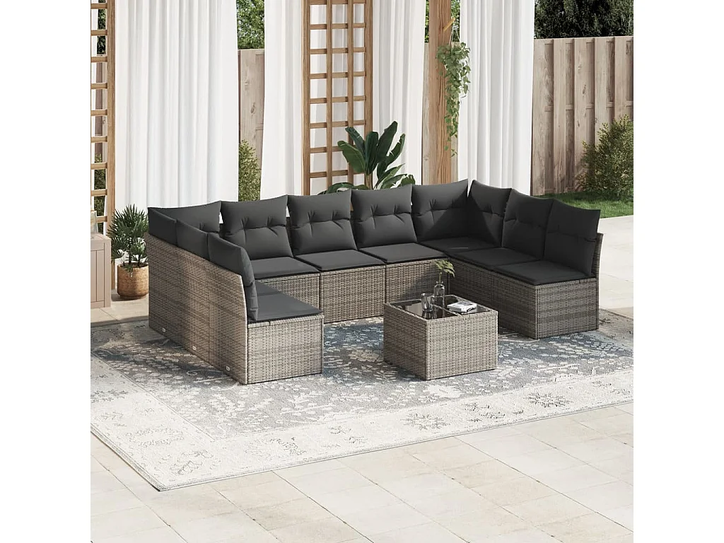 Set Divano da Giardino 10 pz con Cuscini Grigio in Polyrattan