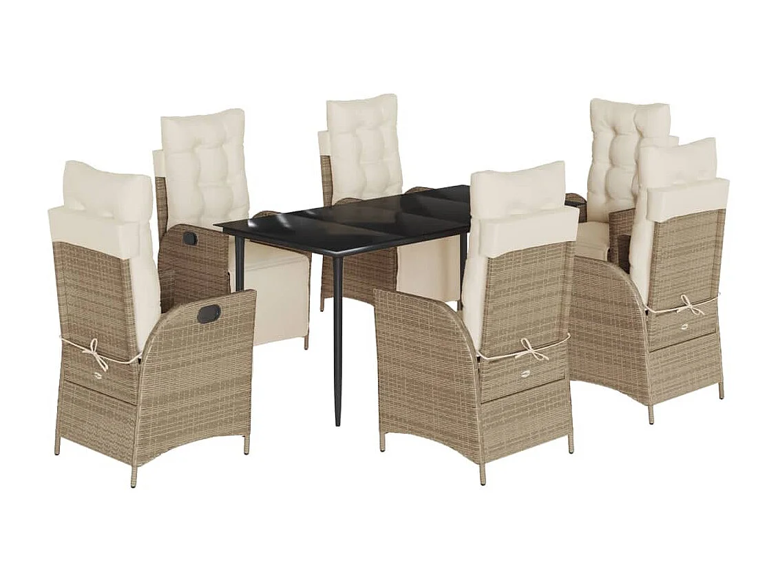 Set da Pranzo da Giardino 7 pz con Cuscini Beige in Polyrattan