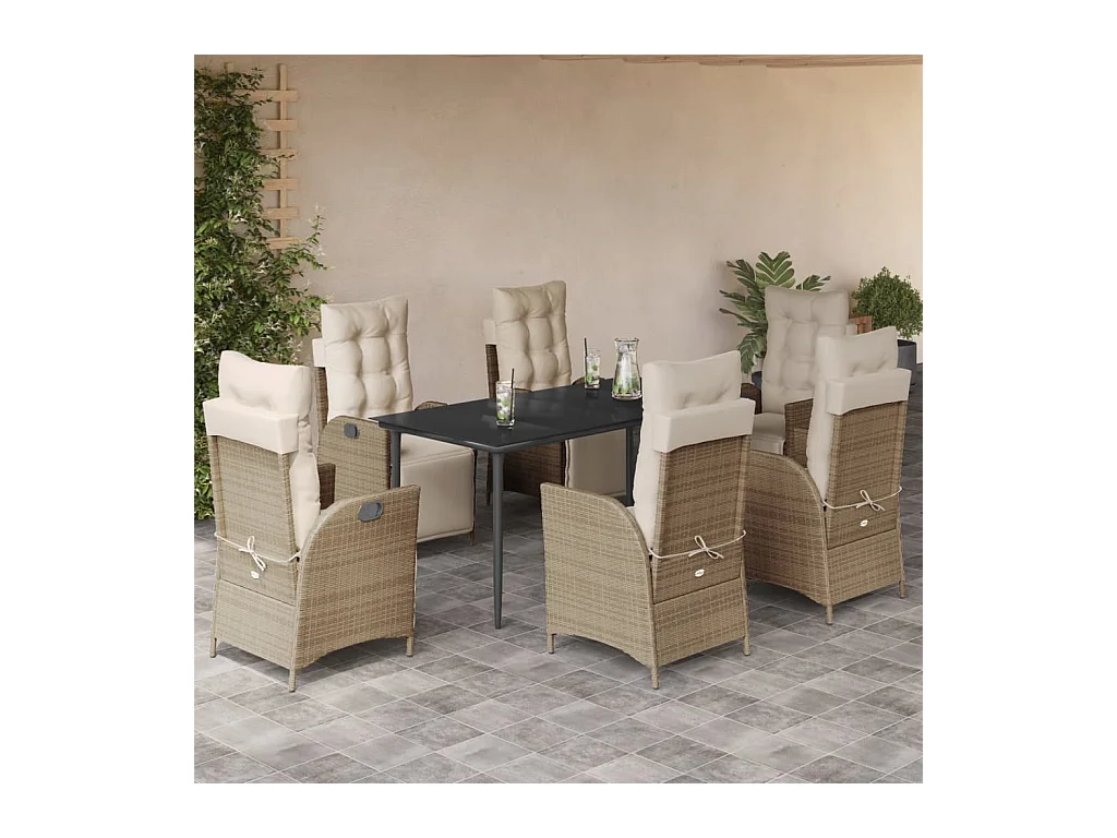 Ensemble à manger de jardin et coussins 7 pcs beige poly rotin
