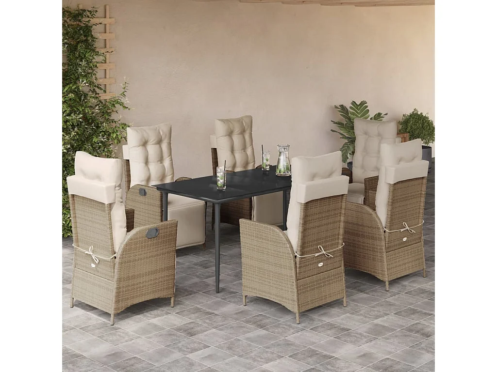 Ensemble à manger de jardin et coussins 7 pcs beige poly rotin