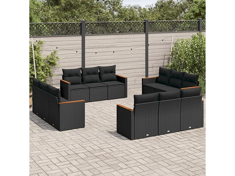 Salon de jardin 12 pcs avec coussins noir résine tressée