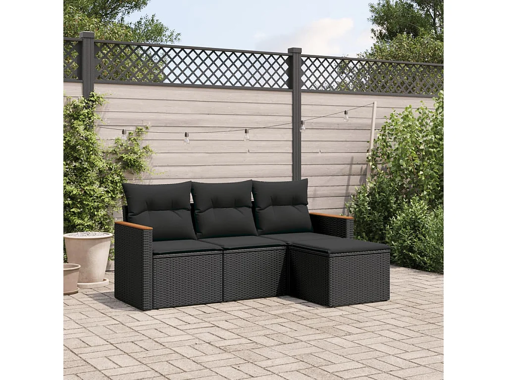 4-tlg. Garten-Sofagarnitur mit Kissen Schwarz Poly Rattan