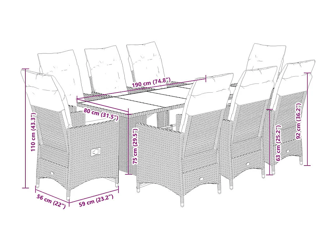 9-delige Bistroset met kussens poly rattan grijs