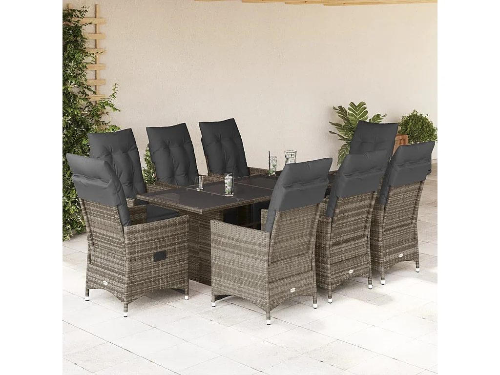 Ensemble de bistro de jardin 9 pcs coussins gris poly rotin