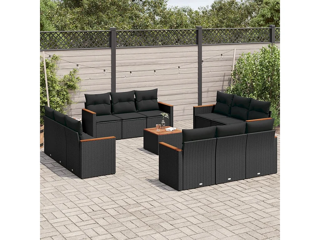 Set Divani da Giardino 13pz con Cuscini Nero in Polyrattan