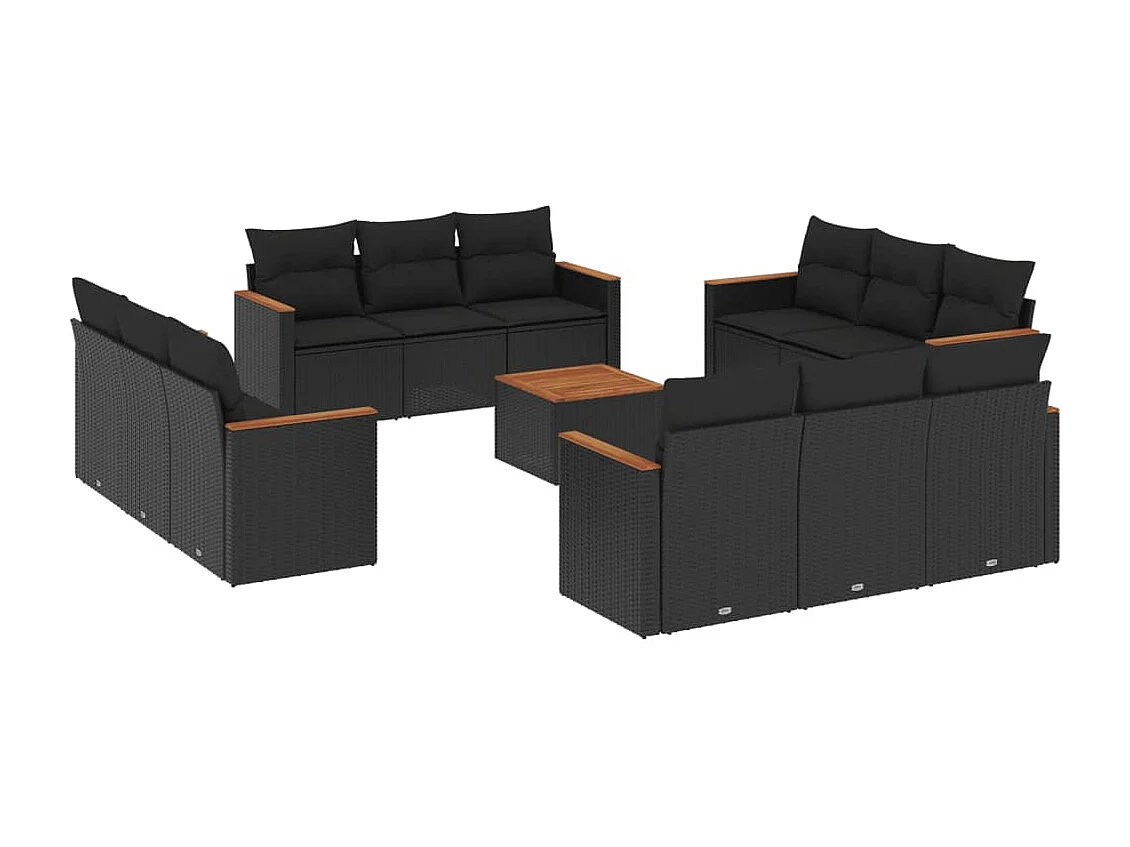 Set Divani da Giardino 13pz con Cuscini Nero in Polyrattan