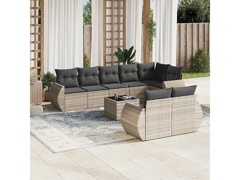 Set Divano da Giardino 9pz con Cuscini Grigio Chiaro Polyrattan
