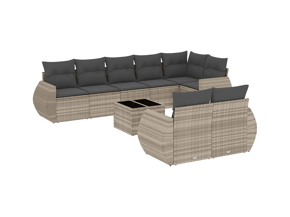 Salon de jardin 9 pcs avec coussins gris clair résine tressée