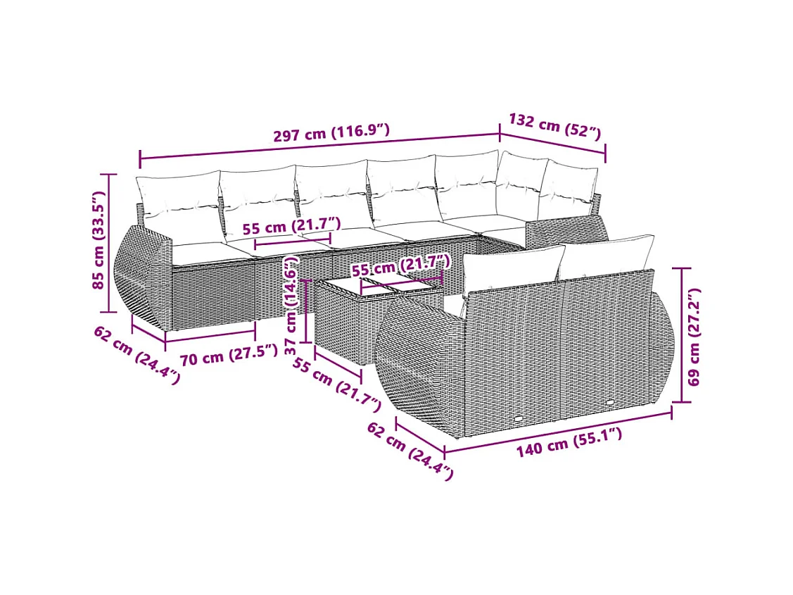 9-tlg. Garten-Sofagarnitur mit Kissen Hellgrau Poly Rattan