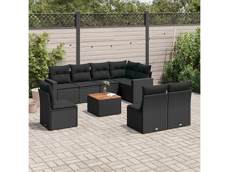 Salon de jardin 9 pcs avec coussins noir résine tressée