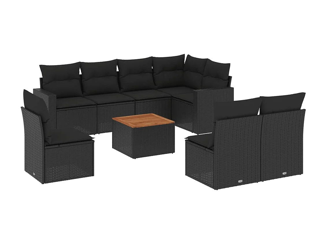 Set Divani da Giardino 9 pz con Cuscini Nero in Polyrattan