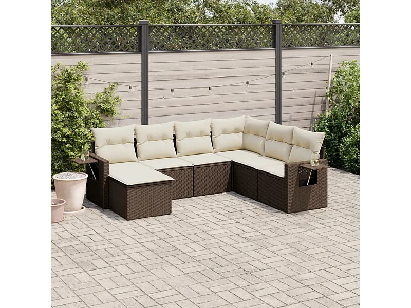 Salon de jardin avec coussins 7 pcs marron résine tressée