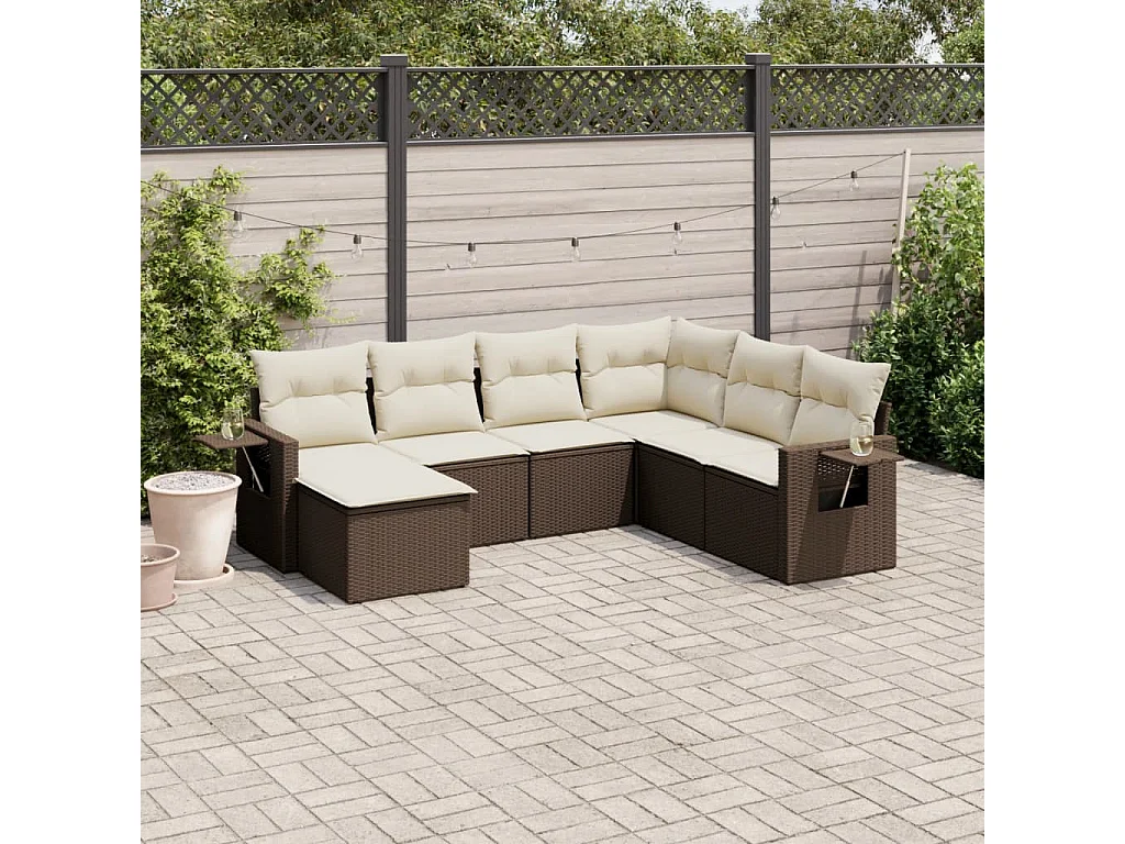 Salon de jardin avec coussins 7 pcs marron résine tressée