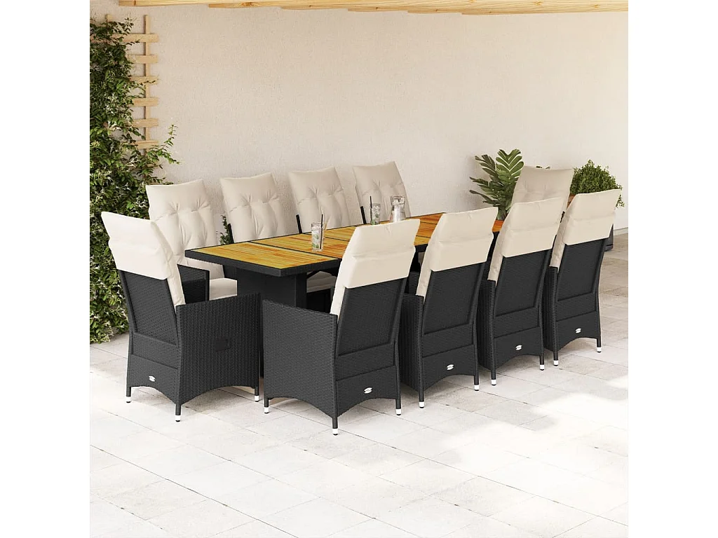 11 pcs conjunto de bistrô p/ jardim c/ almofadões vime PE preto