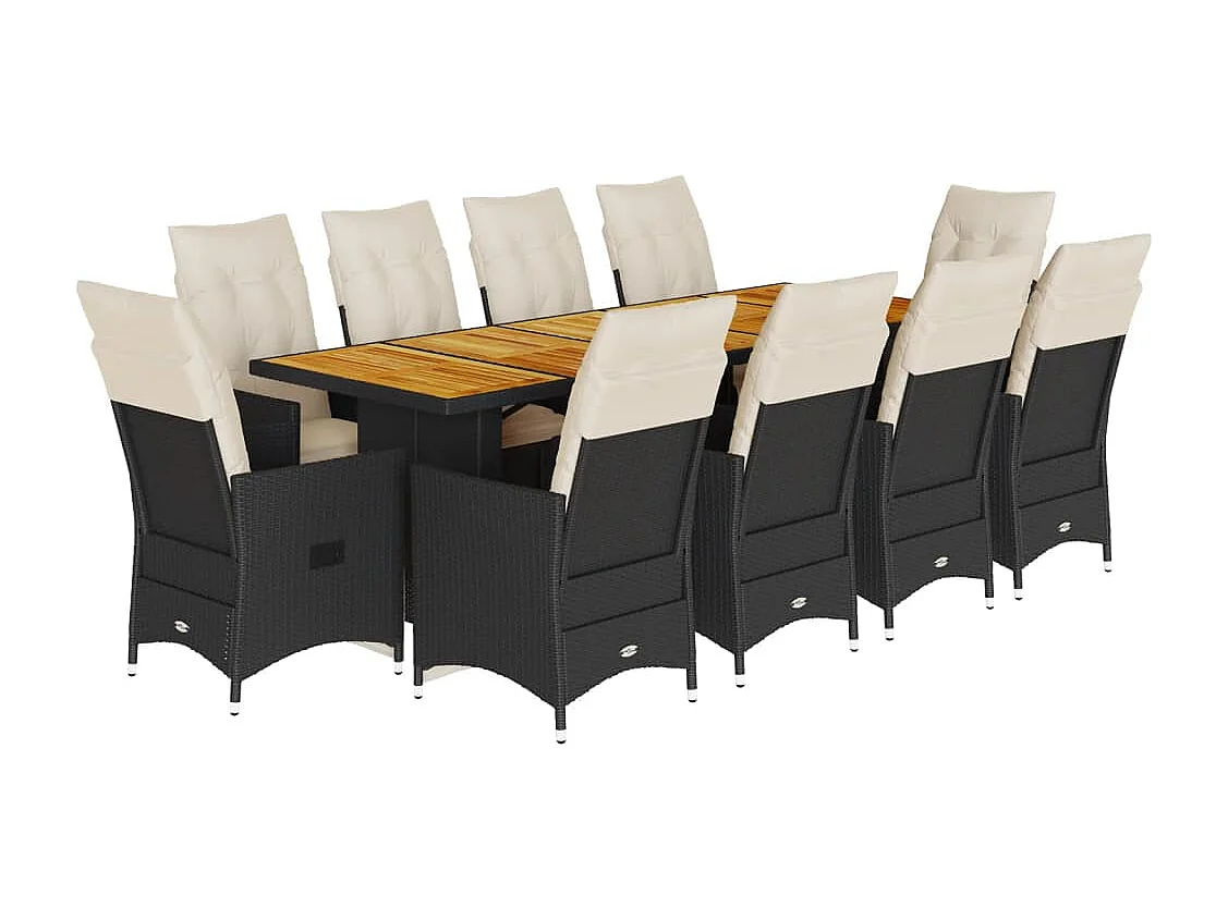 11 pcs conjunto de bistrô p/ jardim c/ almofadões vime PE preto