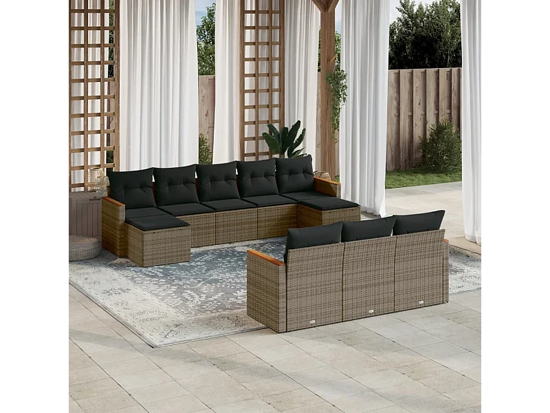 10-tlg. Garten-Sofagarnitur mit Kissen Grau Poly Rattan