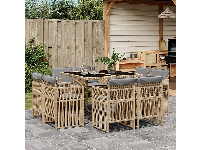 Set Pranzo da Giardino 9 pz con Cuscini Beige Misto Polyrattan