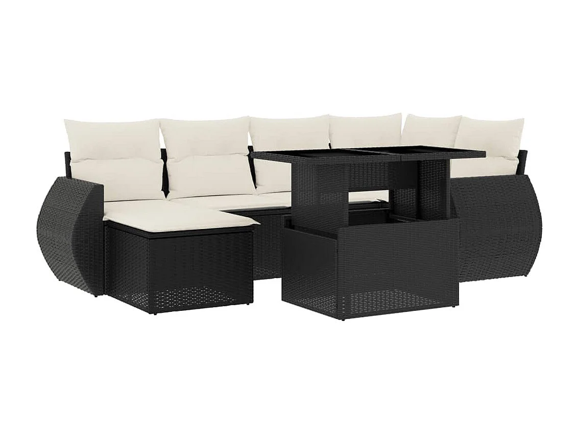 Salon de jardin 7 pcs avec coussins noir résine tressée