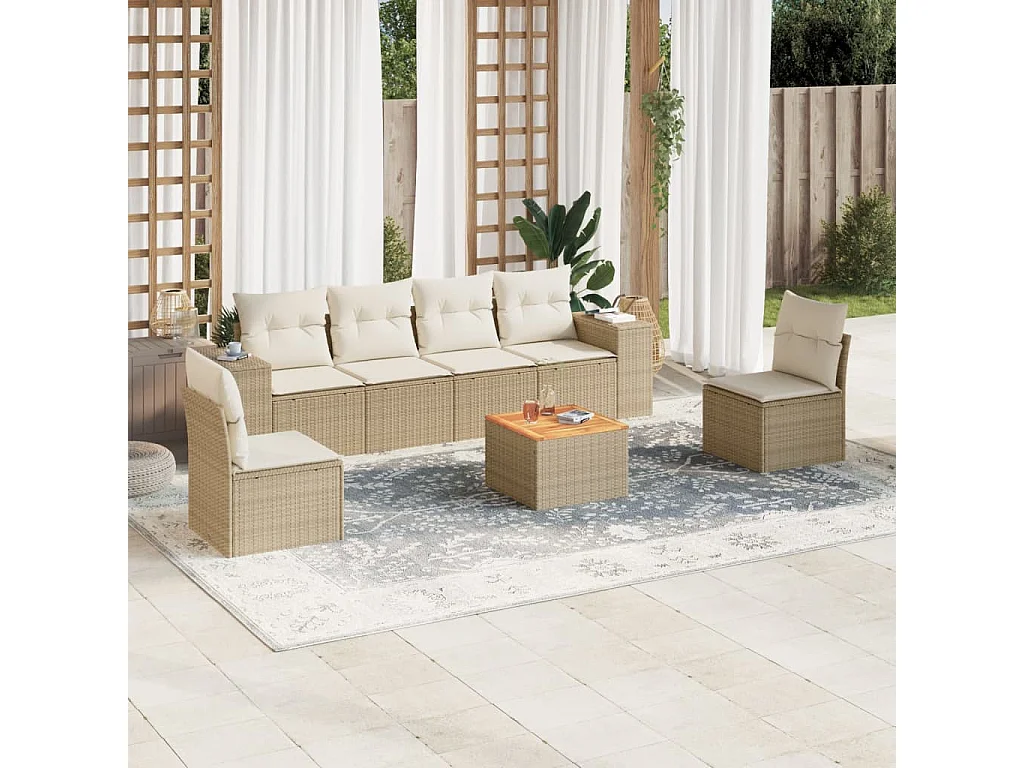 Salon de jardin avec coussins 7 pcs beige résine tressée