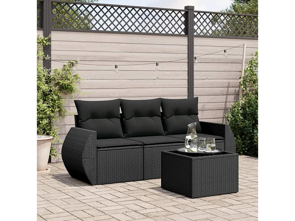 4-tlg. Garten-Sofagarnitur mit Kissen Schwarz Poly Rattan