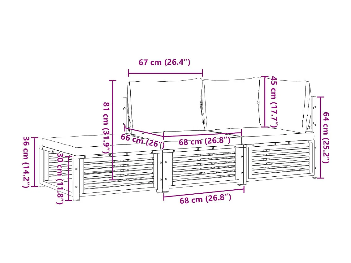 Salon de jardin avec coussins 3 pcs bois massif d'acacia