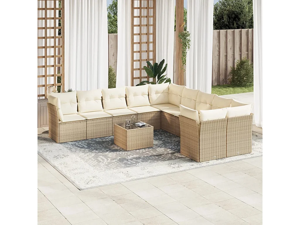 Salon de jardin 11 pcs avec coussins beige résine tressée
