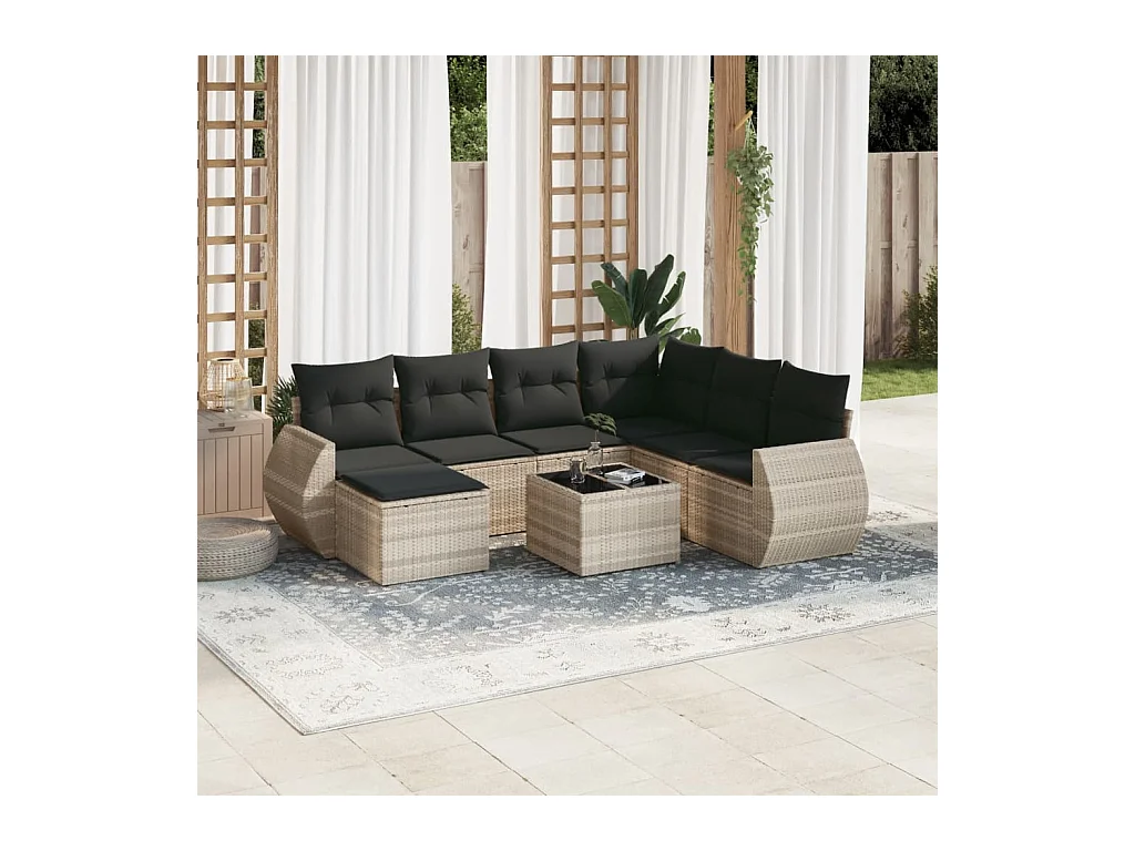 Salon de jardin 8 pcs avec coussins gris clair résine tressée