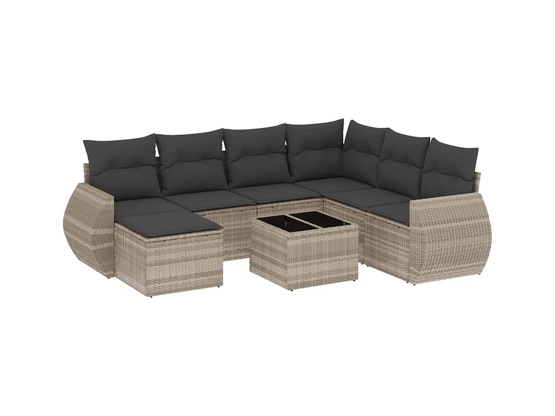 8-tlg. Garten-Sofagarnitur mit Kissen Hellgrau Poly Rattan