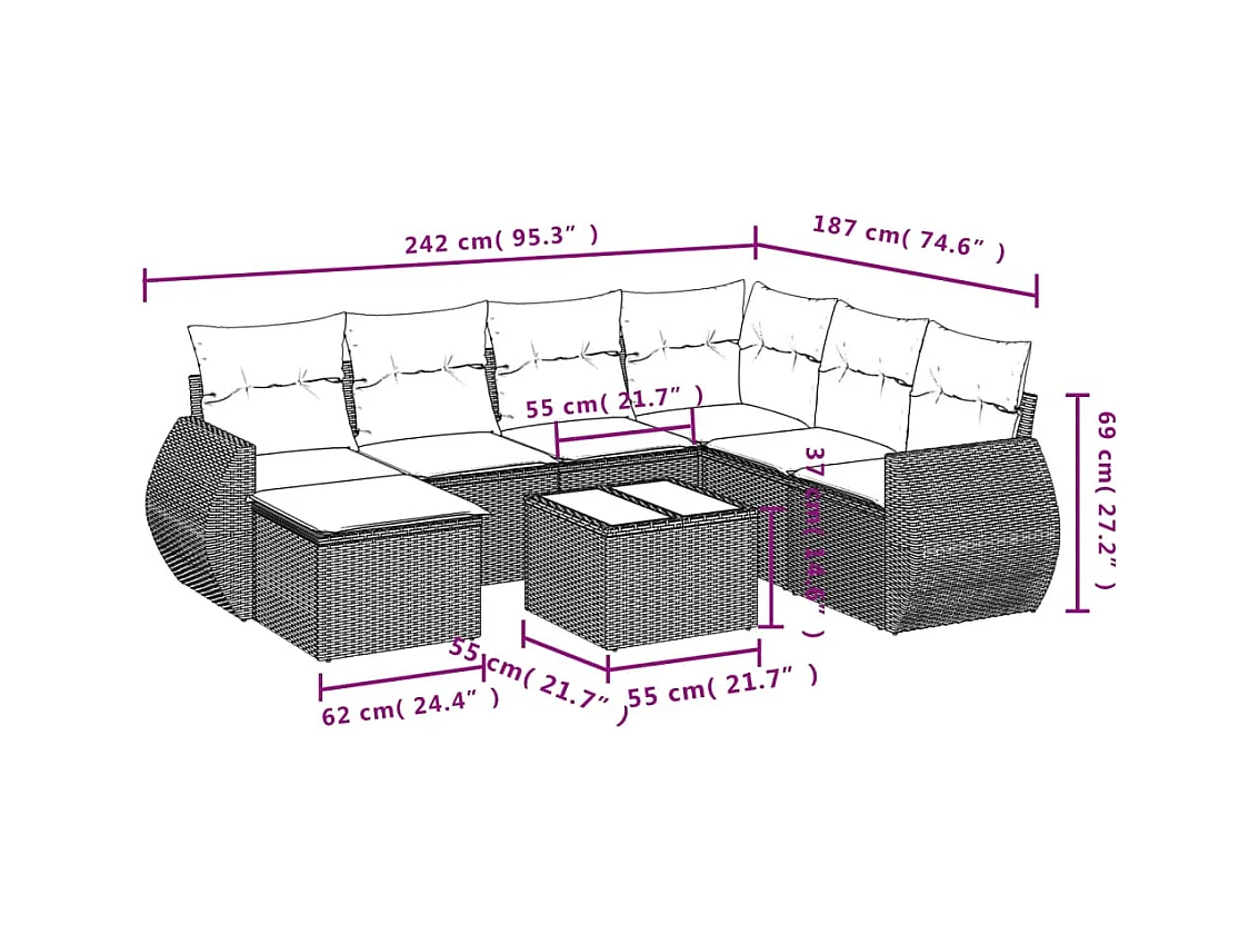 8-tlg. Garten-Sofagarnitur mit Kissen Hellgrau Poly Rattan