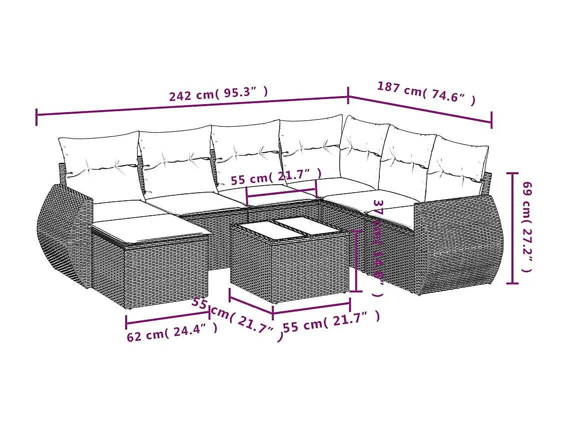 Set Divano da Giardino 8pz con Cuscini Grigio Chiaro Polyrattan