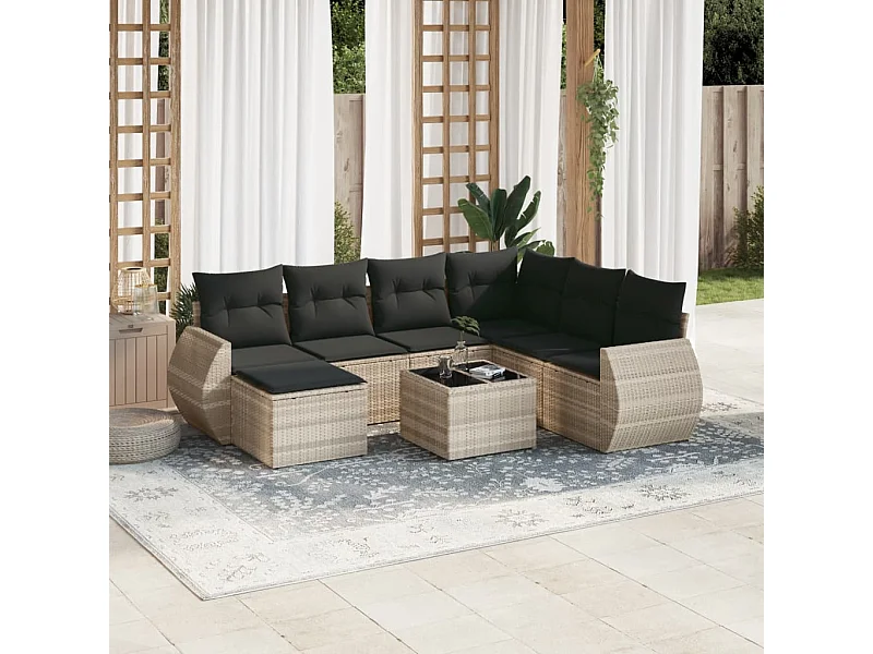 Set Divano da Giardino 8pz con Cuscini Grigio Chiaro Polyrattan
