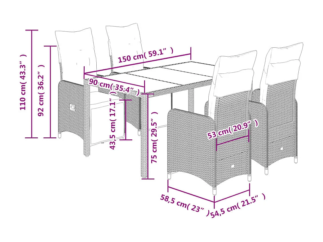 Ensemble de bistro de jardin 5 pcs coussins gris poly rotin