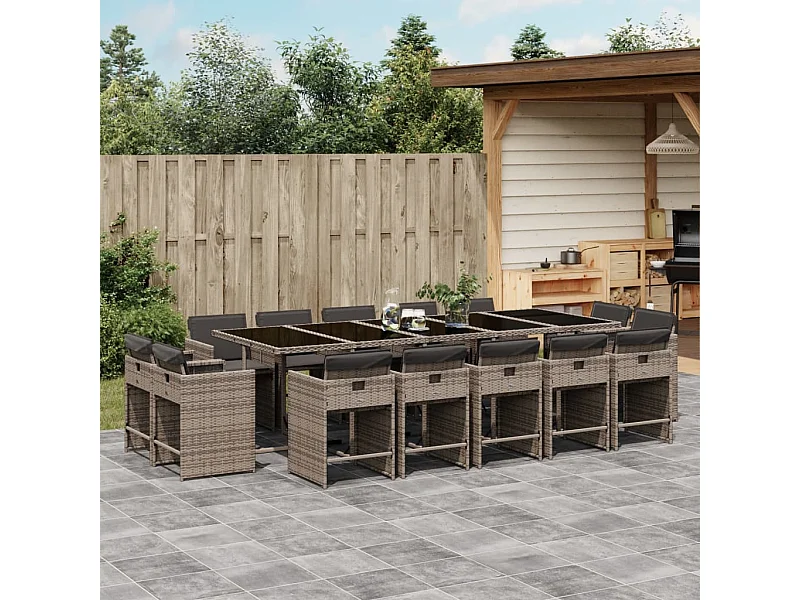 Set da Pranzo da Giardino 15 pz con Cuscini Grigio Polyrattan