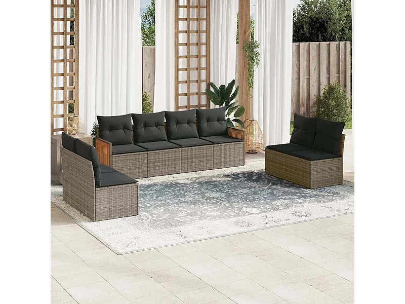 8-tlg. Garten-Sofagarnitur mit Kissen Grau Poly Rattan