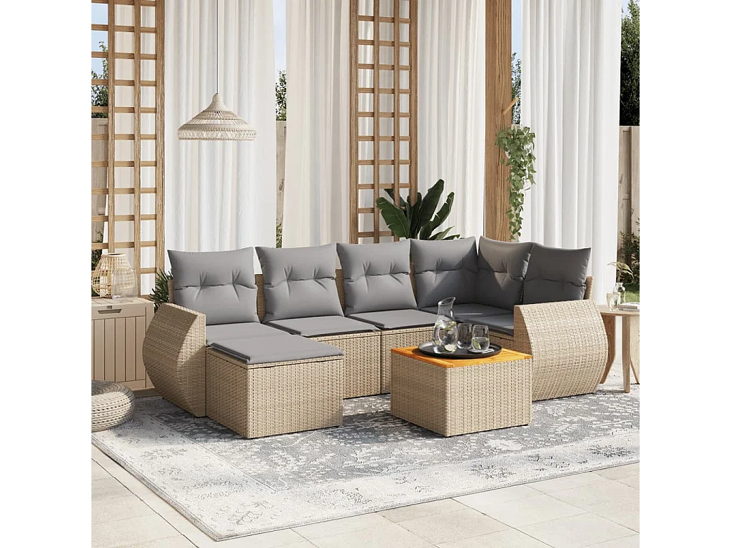 Salon de jardin avec coussins 7 pcs beige résine tressée
