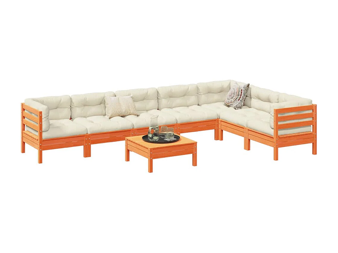 Salon de jardin 8 pcs avec coussins marron cire bois pin massif