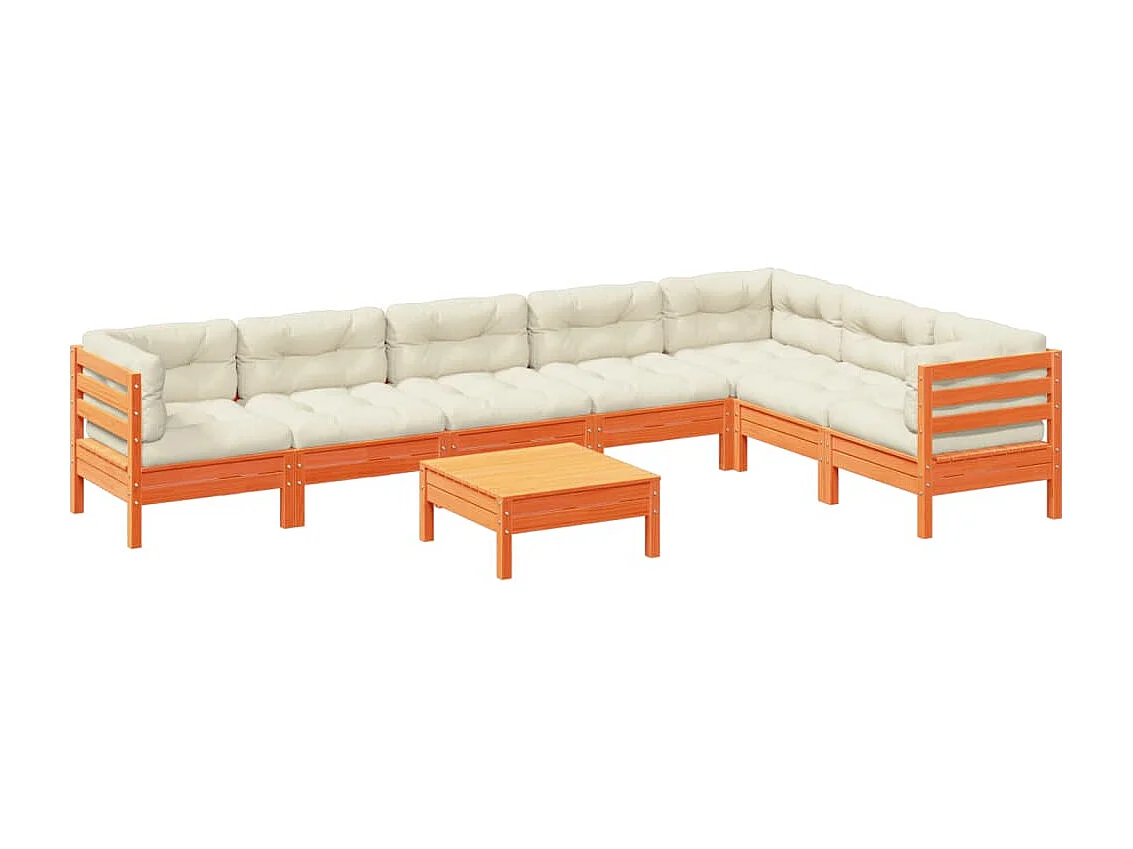 Salon de jardin 8 pcs avec coussins marron cire bois pin massif
