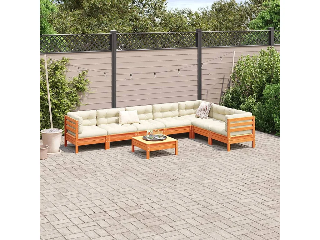 Salon de jardin 8 pcs avec coussins marron cire bois pin massif