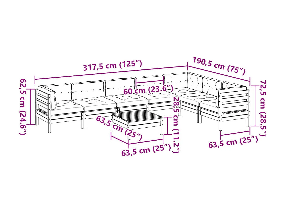 Salon de jardin 8 pcs avec coussins marron cire bois pin massif