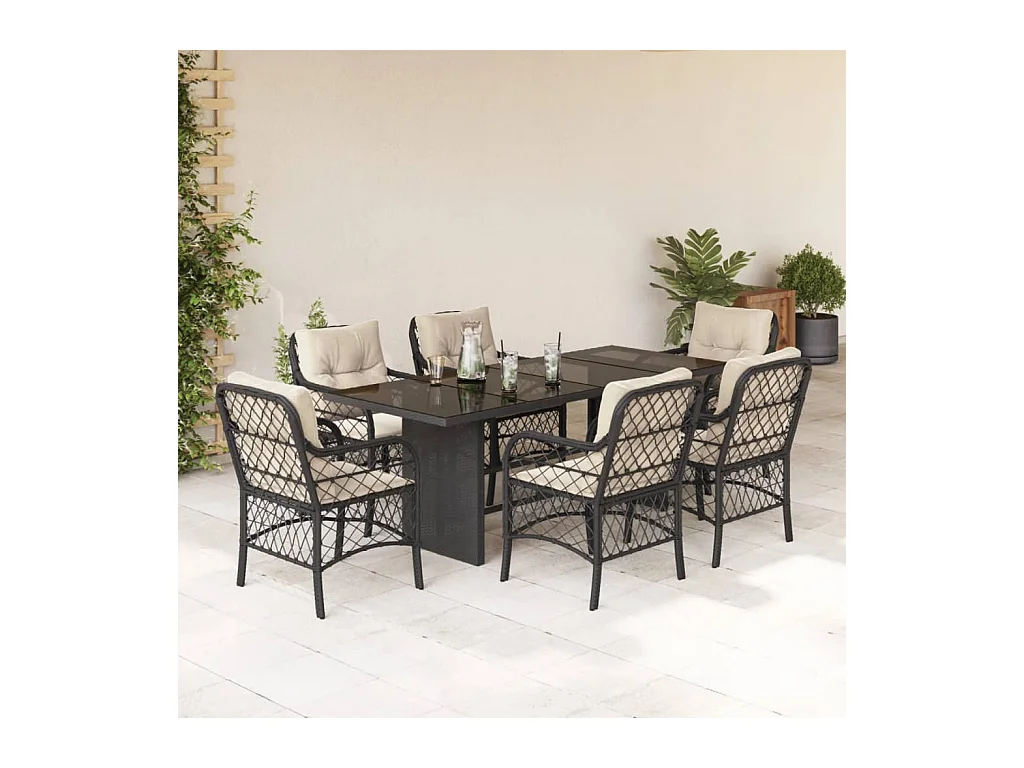 7-tlg. Garten-Essgruppe mit Kissen Schwarz Poly Rattan