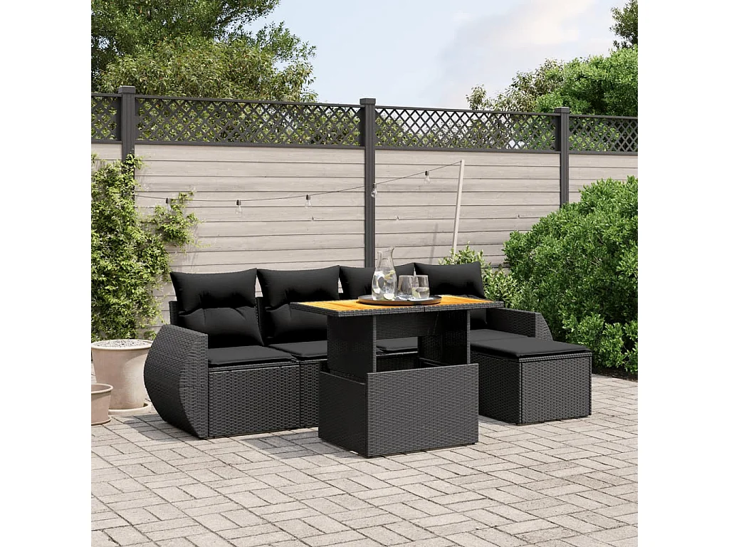 6-tlg. Garten-Sofagarnitur mit Kissen Schwarz Poly Rattan