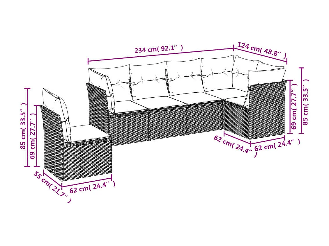 Salon de jardin 6 pcs avec coussins gris clair résine tressée