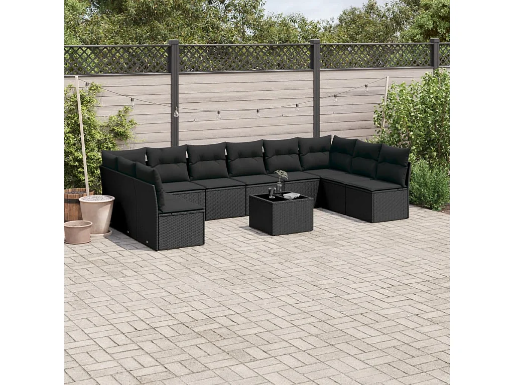 Salon de jardin 11 pcs avec coussins noir résine tressée