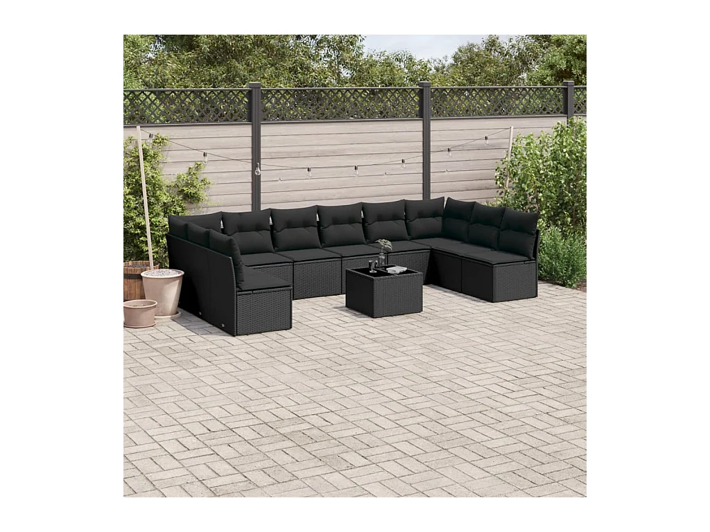 Salon de jardin 11 pcs avec coussins noir résine tressée