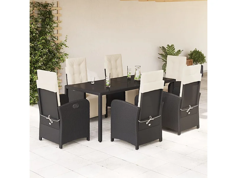 Ensemble à manger de jardin coussins 7pcs Noir Résine tressée