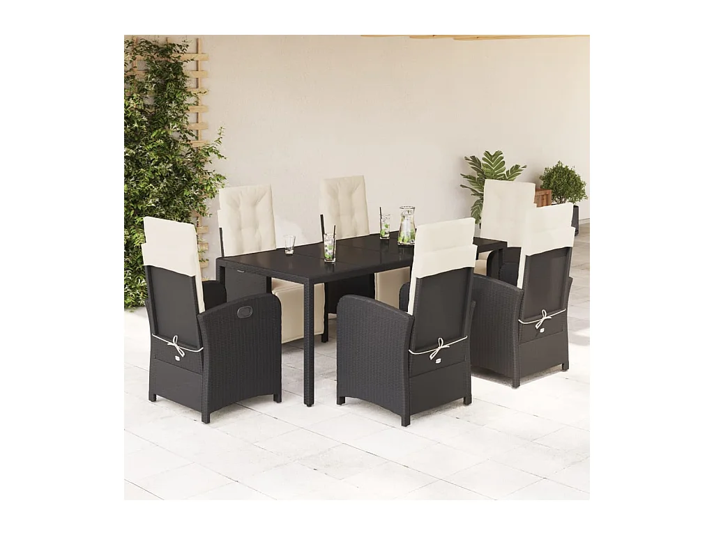Ensemble à manger de jardin coussins 7pcs Noir Résine tressée