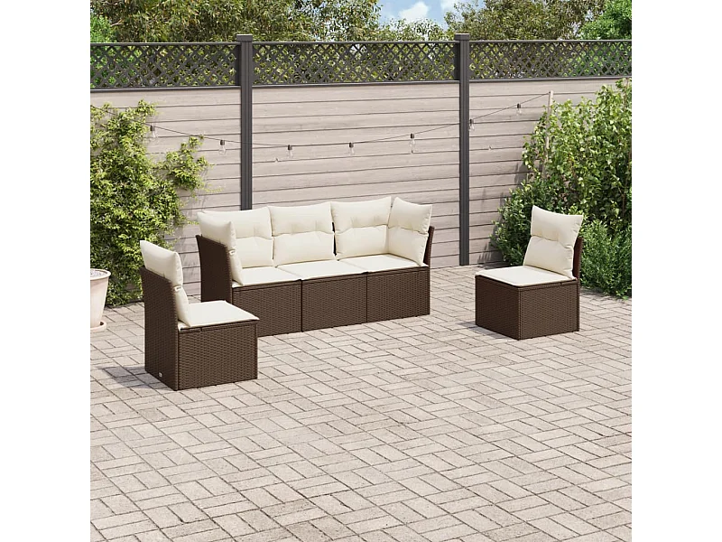 5-delige Loungeset met kussens poly rattan bruin