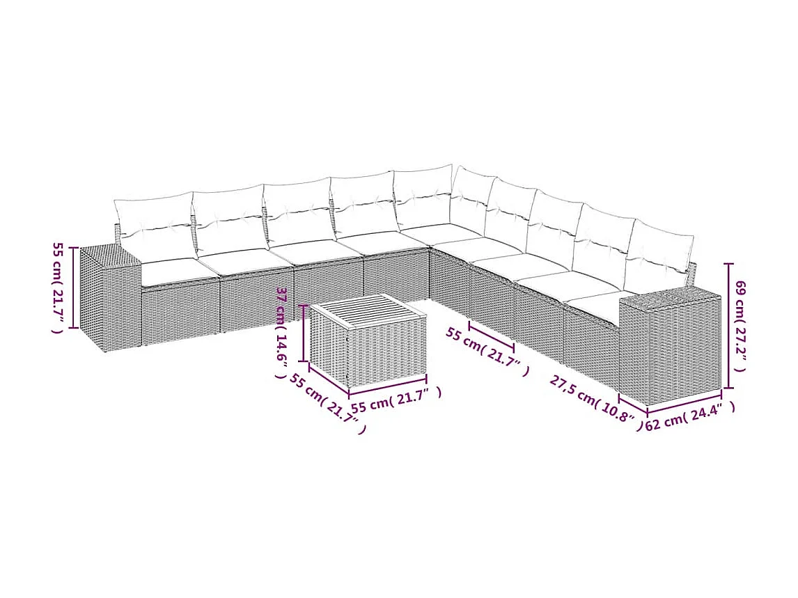 Set Divani da Giardino 10pz con Cuscini in Polyrattan Nero